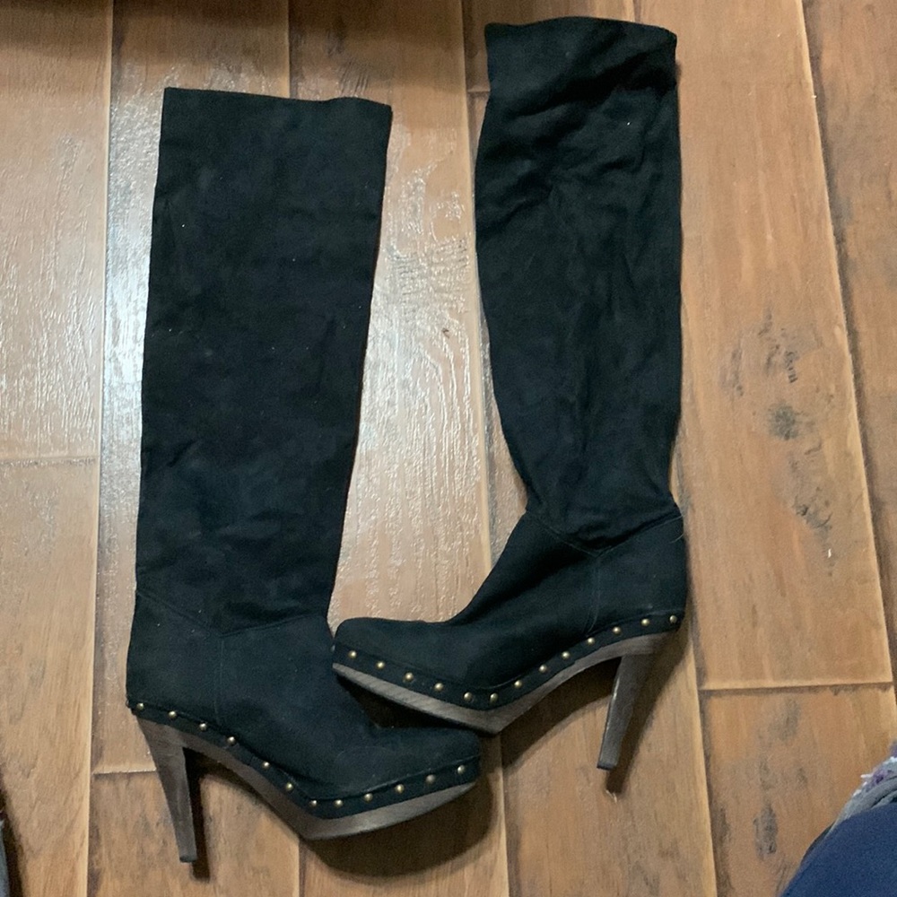 Stella McCartney knee high black suede boots w/ brass studs & brown wooden heel